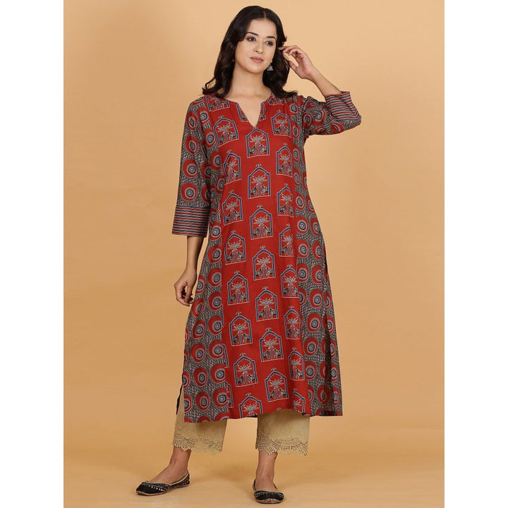 Spring Soul Red Printed Cotton Side Panelled A-Line Kurta