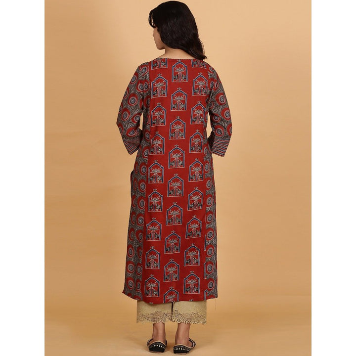 Spring Soul Red Printed Cotton Side Panelled A-Line Kurta