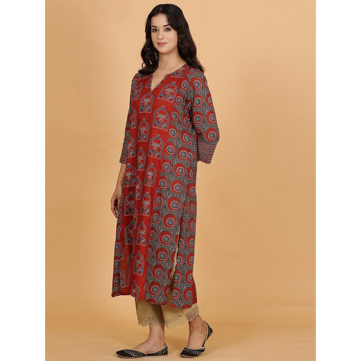 Spring Soul Red Printed Cotton Side Panelled A-Line Kurta