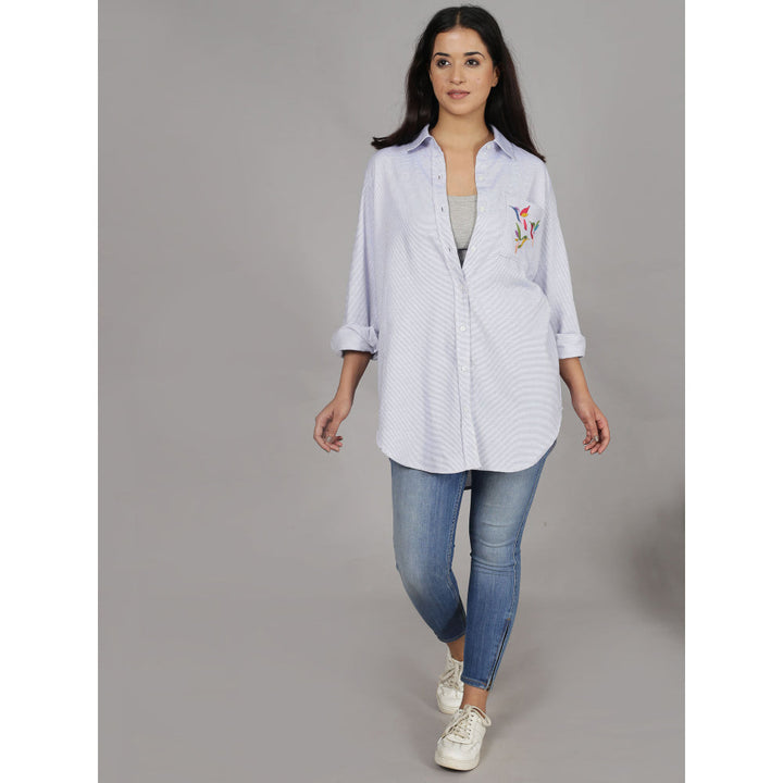 Spring Soul Blue Shirt with Bird Embroidery