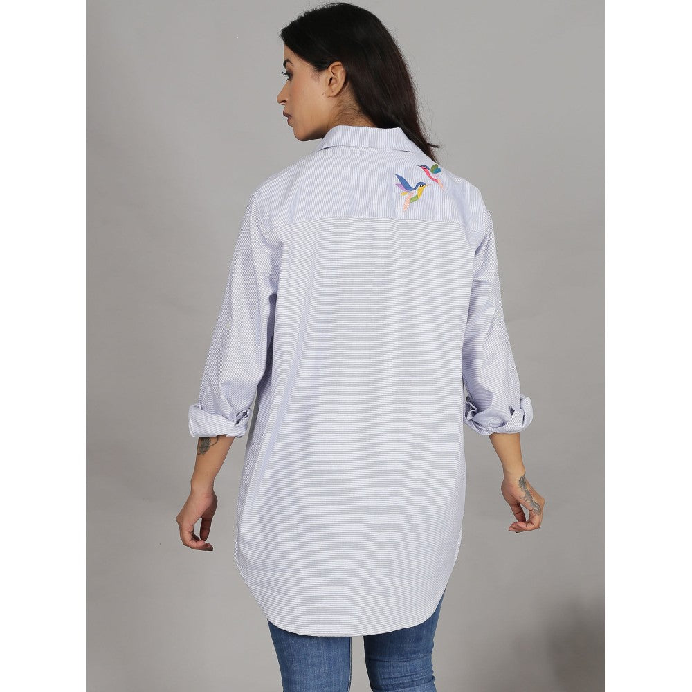 Spring Soul Blue Shirt with Bird Embroidery