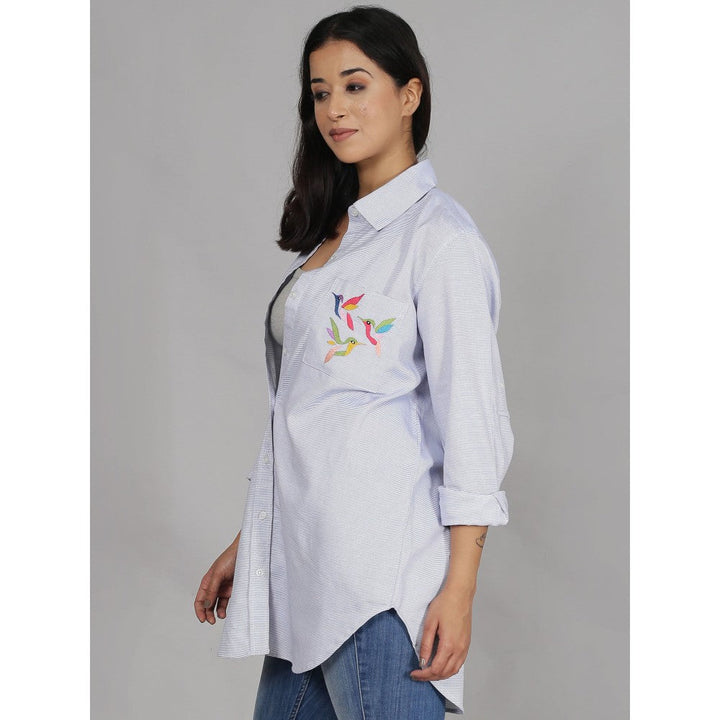 Spring Soul Blue Shirt with Bird Embroidery