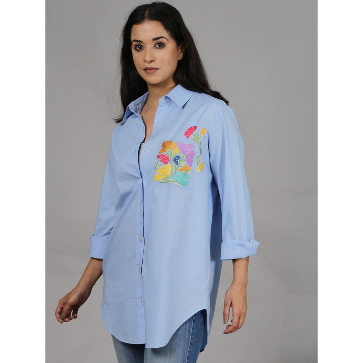 Spring Soul Blue Shirt with Floral Embroidery On The Pocket