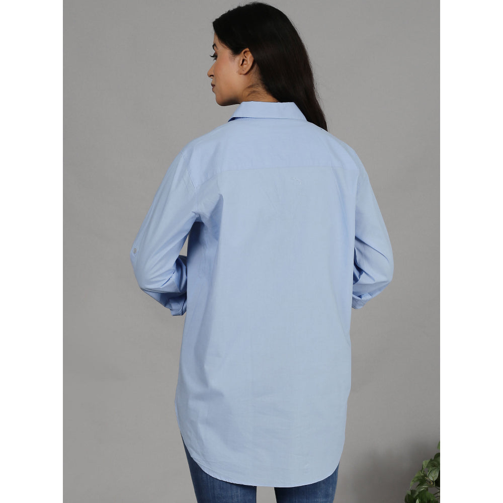 Spring Soul Blue Shirt with Floral Embroidery On The Pocket