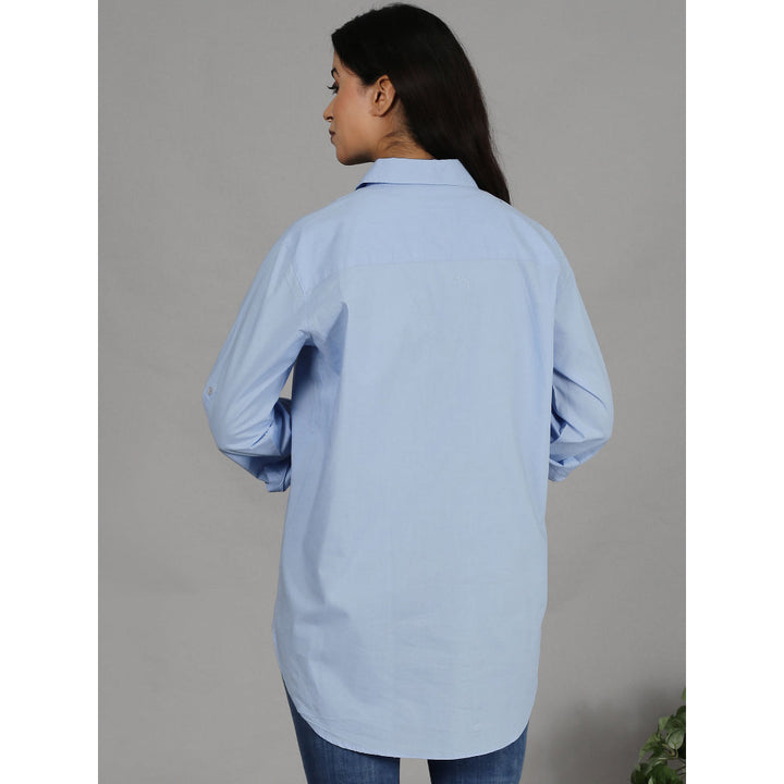 Spring Soul Blue Shirt with Floral Embroidery On The Pocket