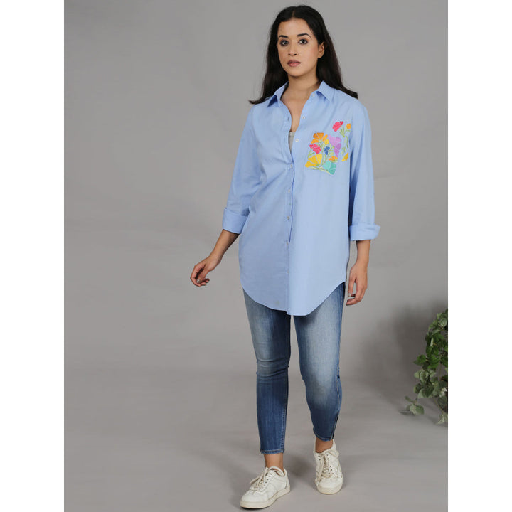 Spring Soul Blue Shirt with Floral Embroidery On The Pocket