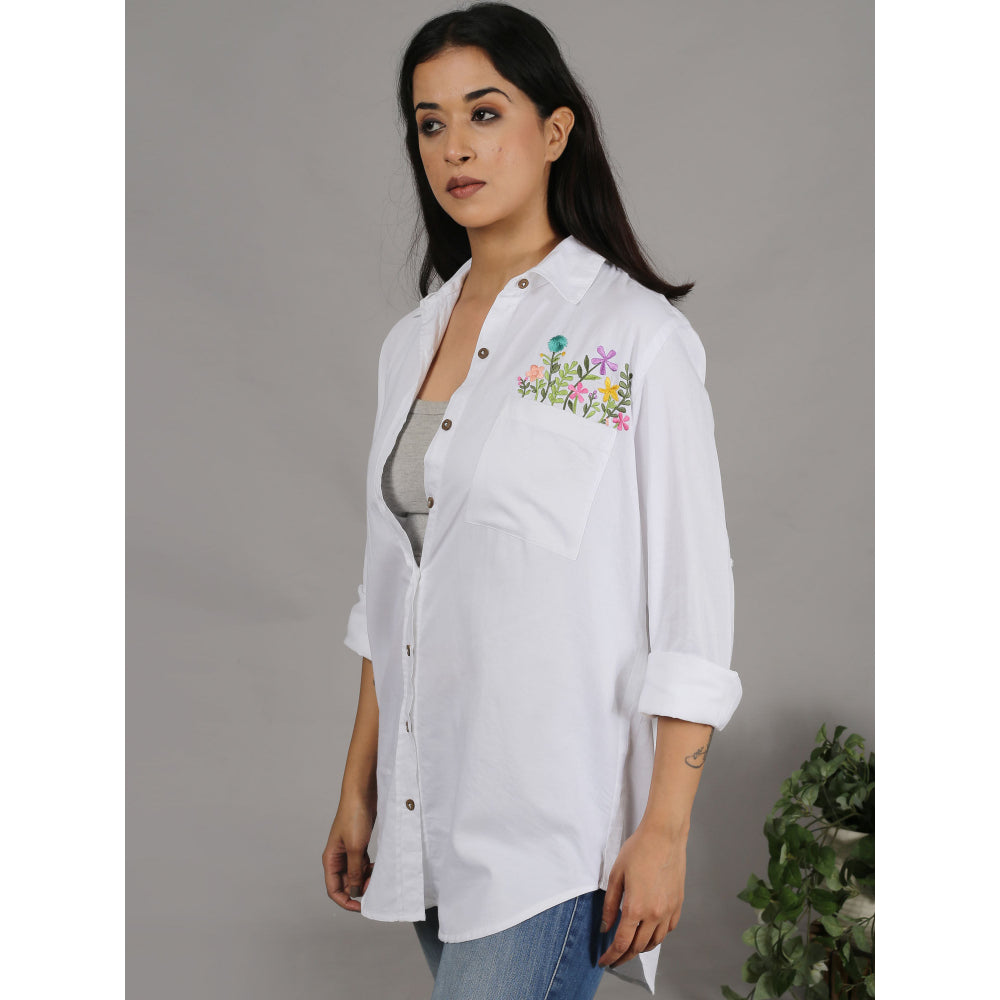 Spring Soul White Shirt with Floral Embroidery On The Pocket