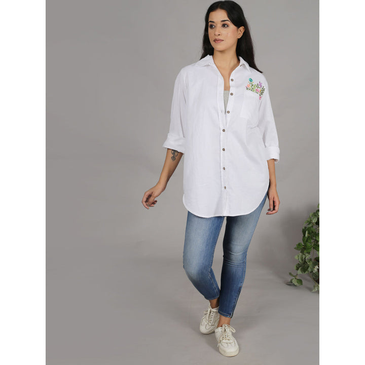 Spring Soul White Shirt with Floral Embroidery On The Pocket