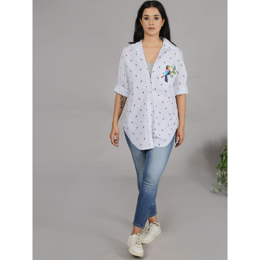 Spring Soul White Print Shirt with Embroidery On The Pocket