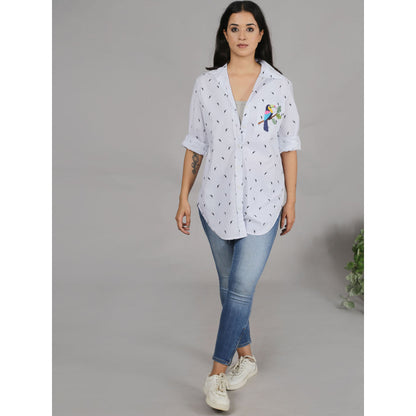 Spring Soul White Print Shirt with Embroidery On The Pocket
