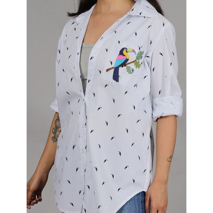 Spring Soul White Print Shirt with Embroidery On The Pocket