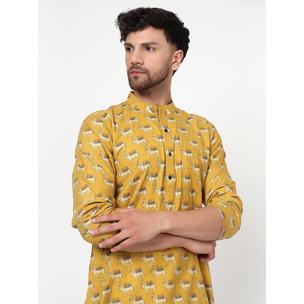 Spring Soul Men's Yellow Block Printed Kurta