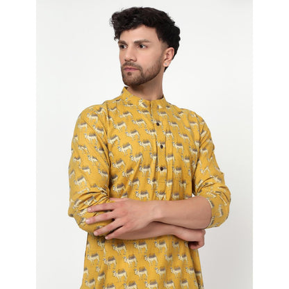 Spring Soul Men's Yellow Block Printed Kurta