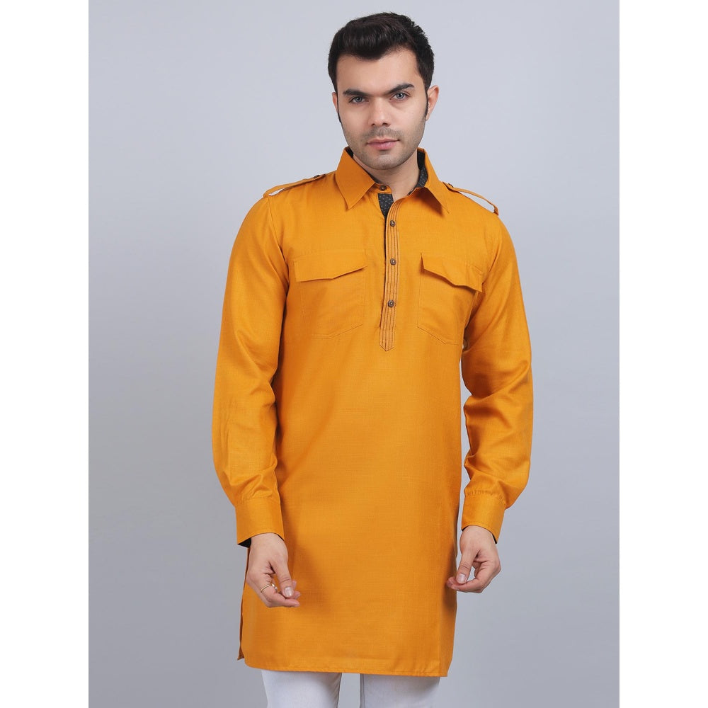 Spring Soul Mustard Cotton Pathani Full-Sleeves Shirt Collar Kurta In Comfort Fit