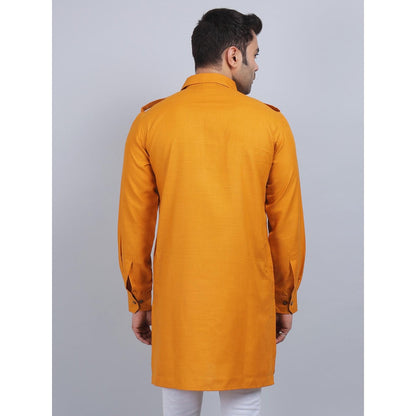 Spring Soul Mustard Cotton Pathani Full-Sleeves Shirt Collar Kurta In Comfort Fit