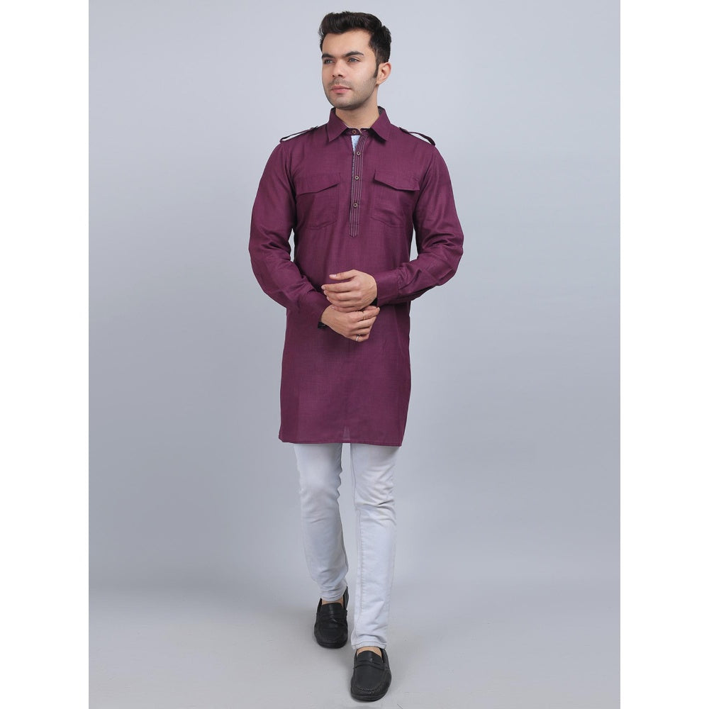 Spring Soul Purple Cotton Pathani Full-Sleeves Shirt Collar Kurta In Comfort Fit