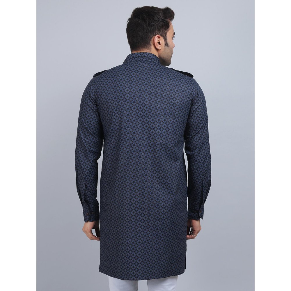 Spring Soul Black Cotton Pathani Full-Sleeves Shirt Collar Kurta In Comfort Fit