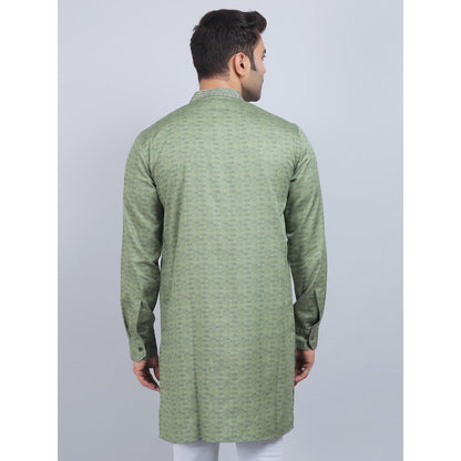 Spring Soul Olive Green Full-Sleeves Band Collar Kurta In Comfort Fit