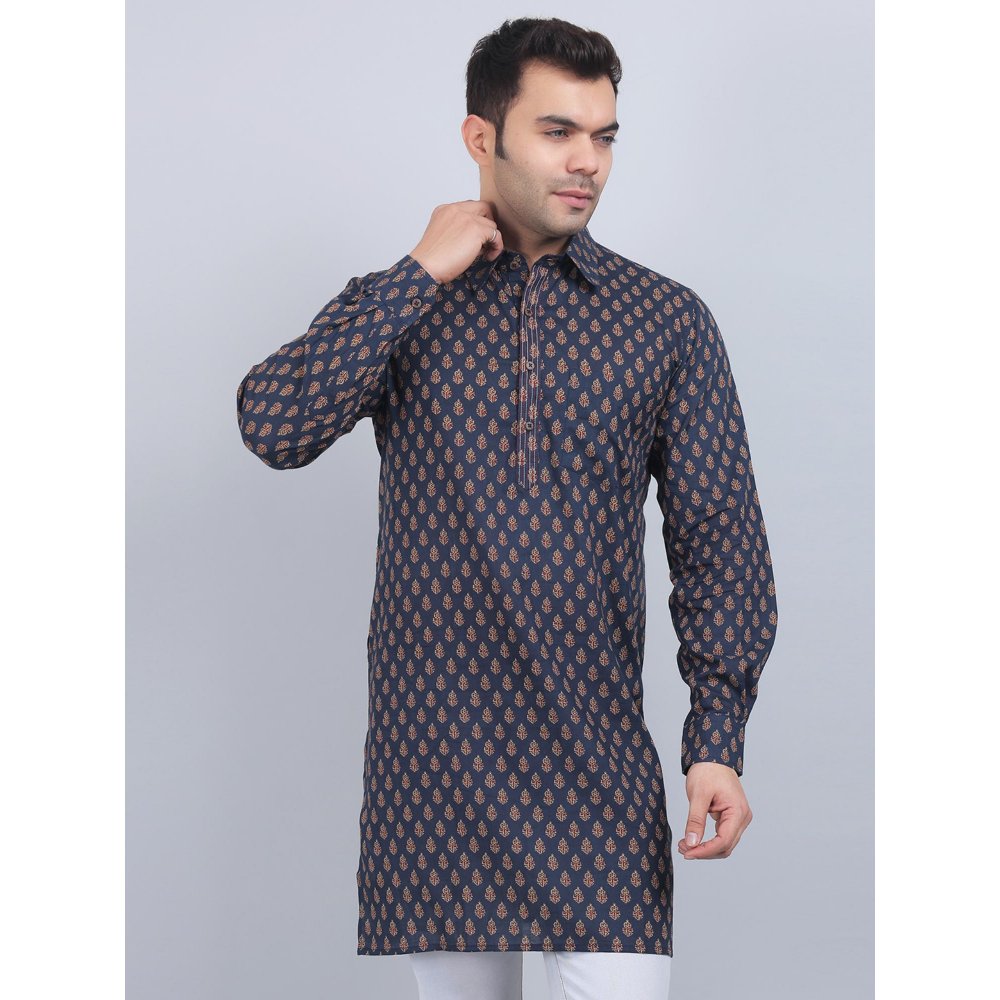 Spring Soul Navy Blue Shirt Collar Kurta In Comfort Fit
