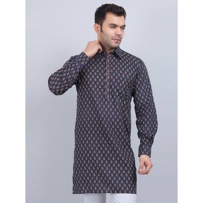 Spring Soul Navy Blue Shirt Collar Kurta In Comfort Fit
