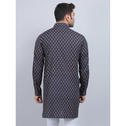 Spring Soul Navy Blue Shirt Collar Kurta In Comfort Fit