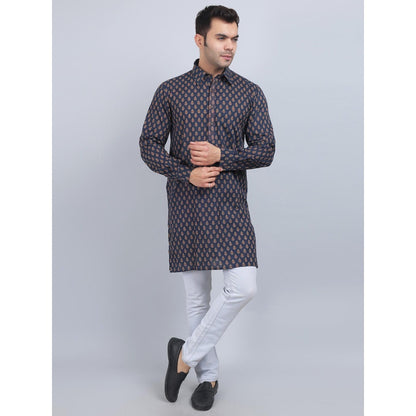 Spring Soul Navy Blue Shirt Collar Kurta In Comfort Fit
