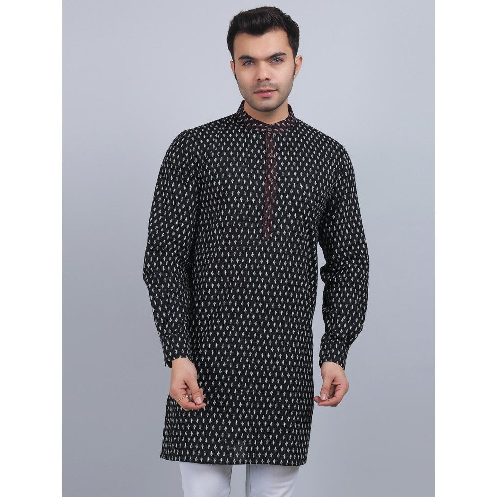 Spring Soul Black Cotton Full-Sleeves Band Collar Kurta In Comfort Fit