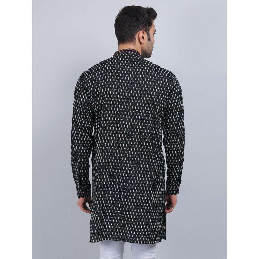 Spring Soul Black Cotton Full-Sleeves Band Collar Kurta In Comfort Fit