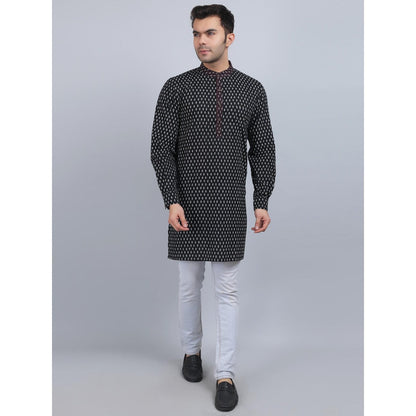 Spring Soul Black Cotton Full-Sleeves Band Collar Kurta In Comfort Fit