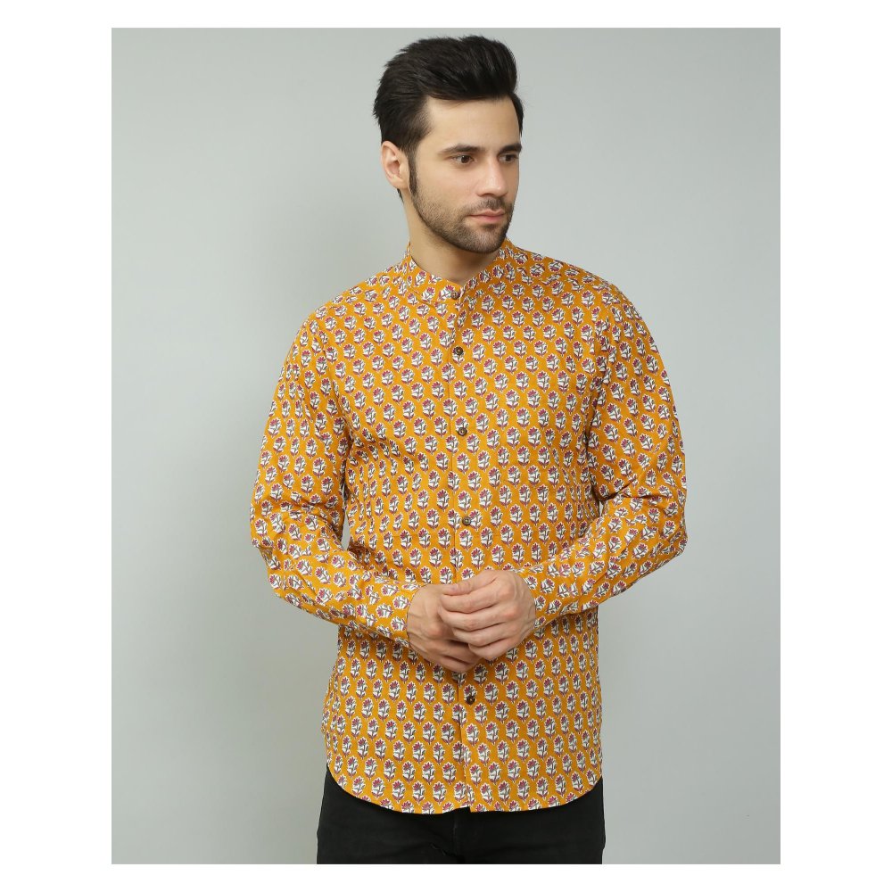 Spring Soul Cotton Printed Full Sleeves Band Collar Shirt Mustard