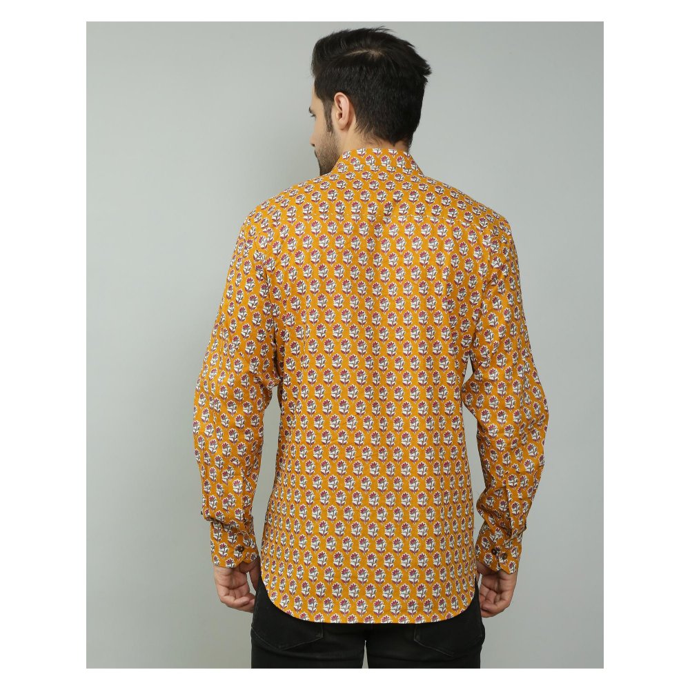 Spring Soul Cotton Printed Full Sleeves Band Collar Shirt Mustard