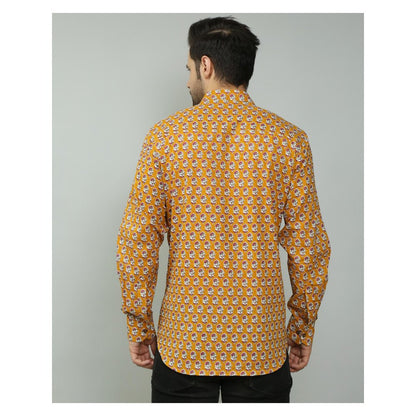 Spring Soul Cotton Printed Full Sleeves Band Collar Shirt Mustard