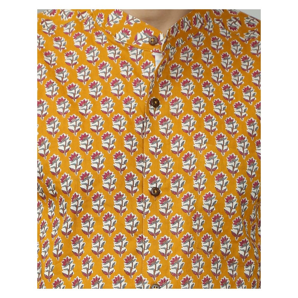 Spring Soul Cotton Printed Full Sleeves Band Collar Shirt Mustard