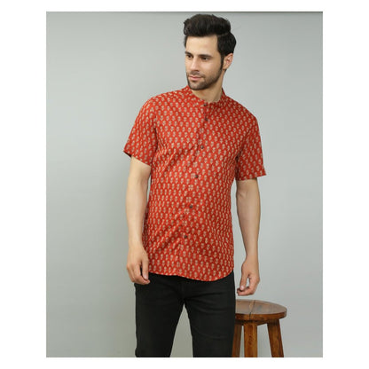 Spring Soul Cotton Printed Half Sleeves Band Collar Shirt Maroon