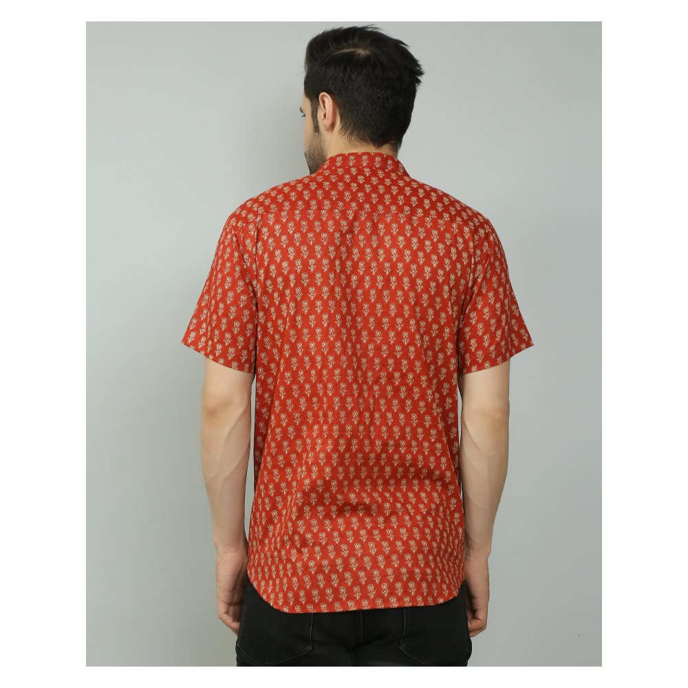 Spring Soul Cotton Printed Half Sleeves Band Collar Shirt Maroon