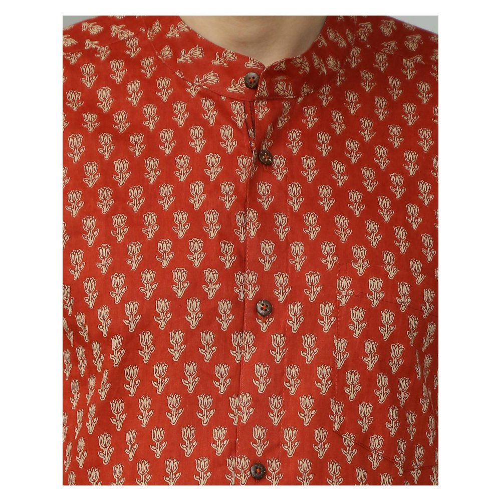 Spring Soul Cotton Printed Half Sleeves Band Collar Shirt Maroon