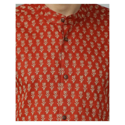 Spring Soul Cotton Printed Half Sleeves Band Collar Shirt Maroon
