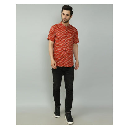 Spring Soul Cotton Printed Half Sleeves Band Collar Shirt Maroon