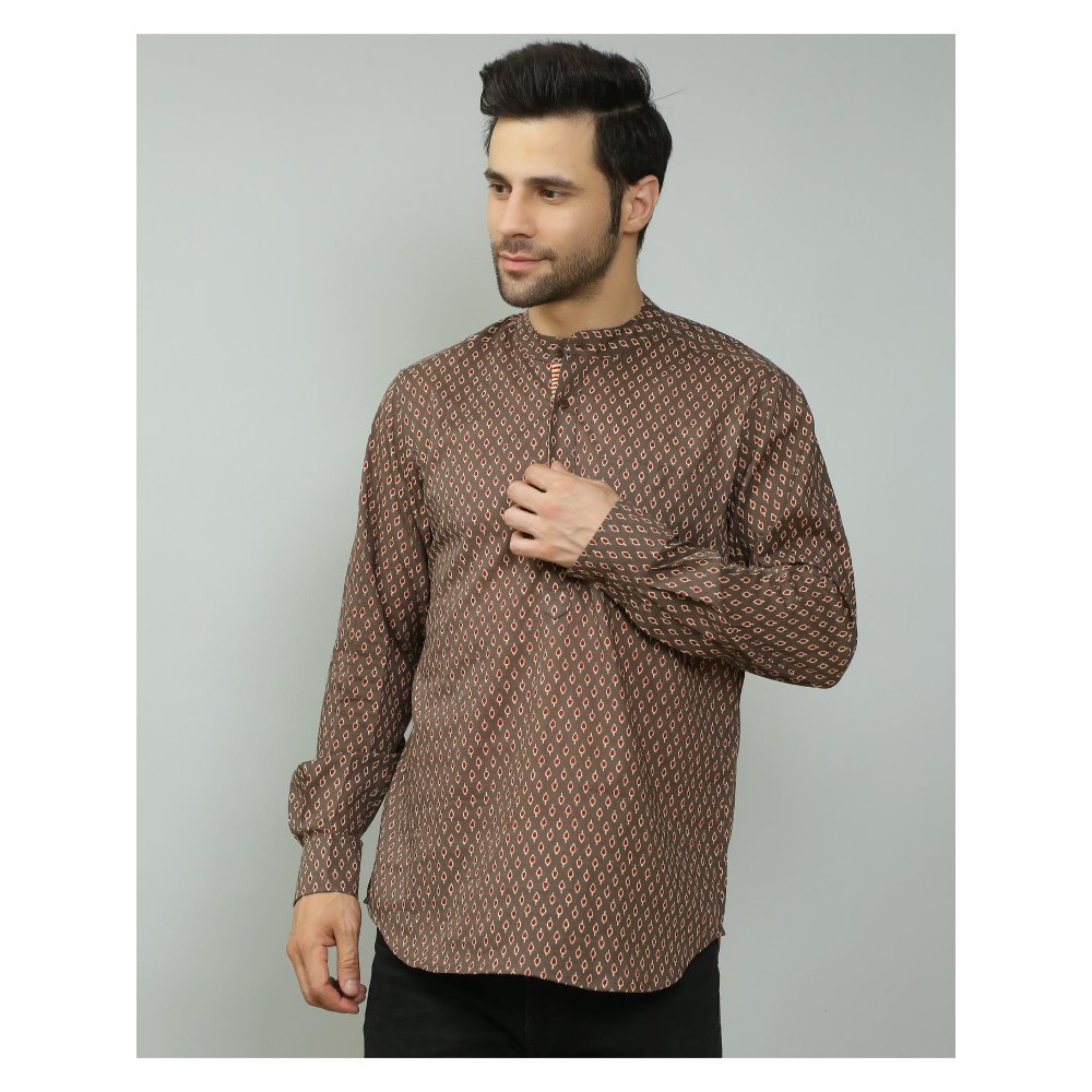 Spring Soul Cotton Printed Full Sleeves Kurta Style Shirt Brown