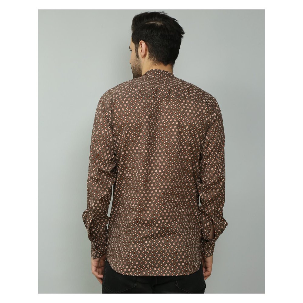 Spring Soul Cotton Printed Full Sleeves Kurta Style Shirt Brown