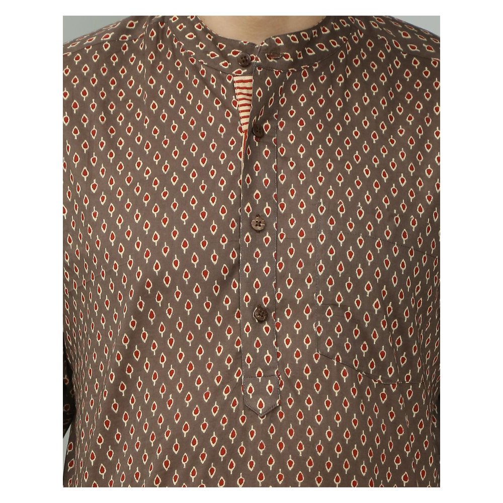Spring Soul Cotton Printed Full Sleeves Kurta Style Shirt Brown