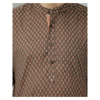 Spring Soul Cotton Printed Full Sleeves Kurta Style Shirt Brown