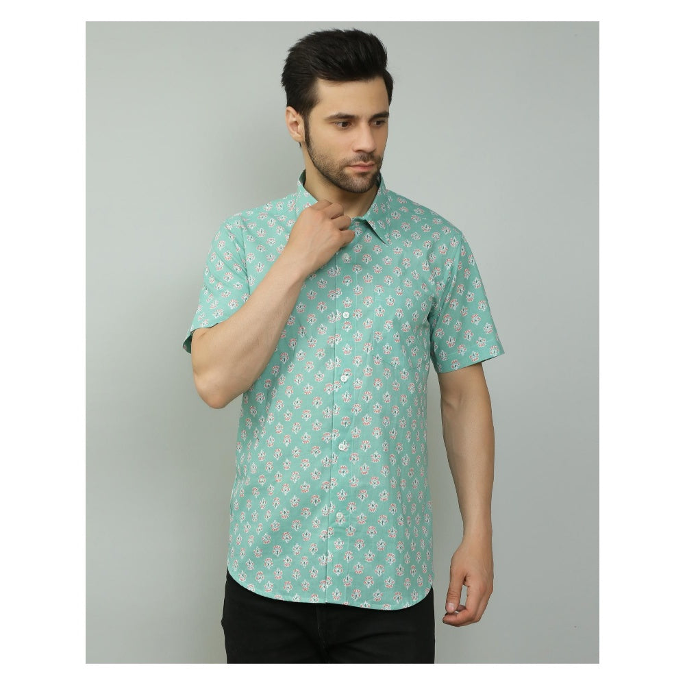 Spring Soul Cotton Printed Half Sleeves Shirt Blue