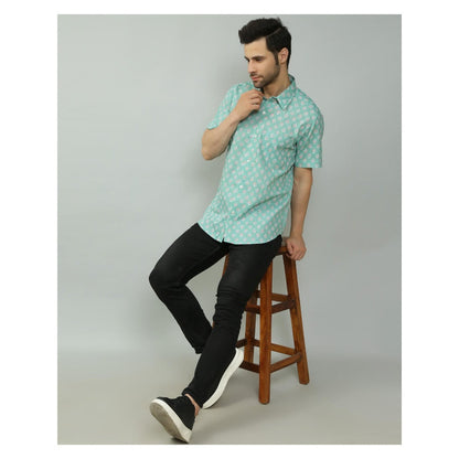 Spring Soul Cotton Printed Half Sleeves Shirt Blue