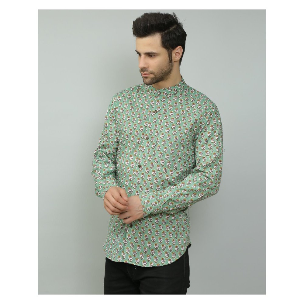 Spring Soul Cotton Printed Full Sleeves Band Collar Shirt Green