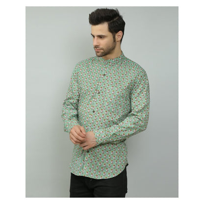 Spring Soul Cotton Printed Full Sleeves Band Collar Shirt Green