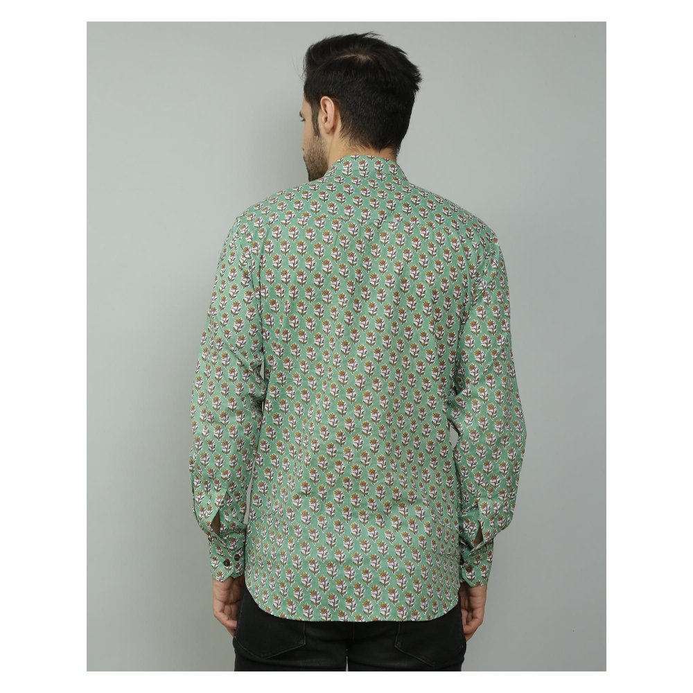 Spring Soul Cotton Printed Full Sleeves Band Collar Shirt Green