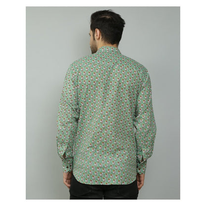 Spring Soul Cotton Printed Full Sleeves Band Collar Shirt Green