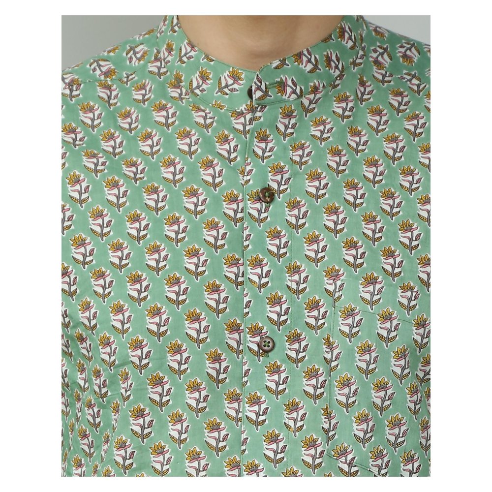 Spring Soul Cotton Printed Full Sleeves Band Collar Shirt Green