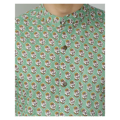 Spring Soul Cotton Printed Full Sleeves Band Collar Shirt Green